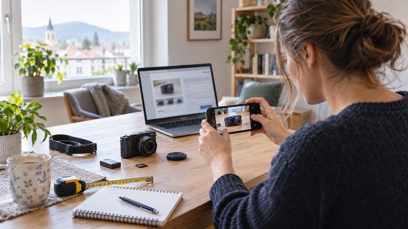 Prodajalka fotografira rabljen izdelek in pripravlja mali oglas na prenosniku
