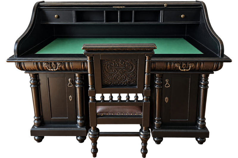 Antique Black Roll-Top Desk and Chair